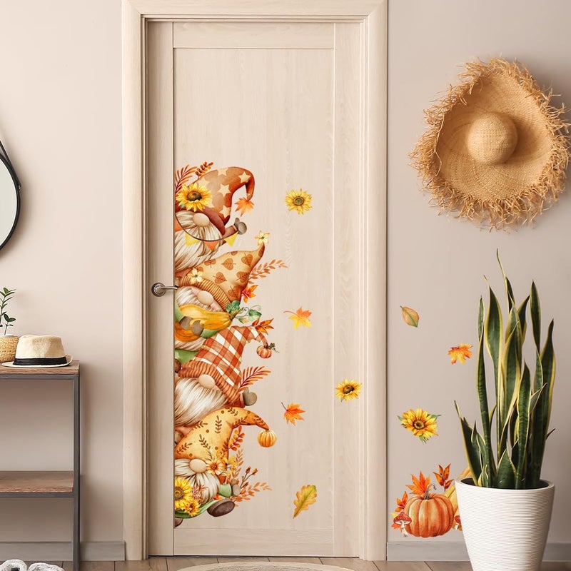 Demonwer 43.3 X 15.74 Inch Fall Gnome Door Stickers Cute Gnome Pumpkin Sunflower Door Sticker Decor for Living Room Bedroom Fall Thanksgiving Harvest Festival Party Favorites - Image 1